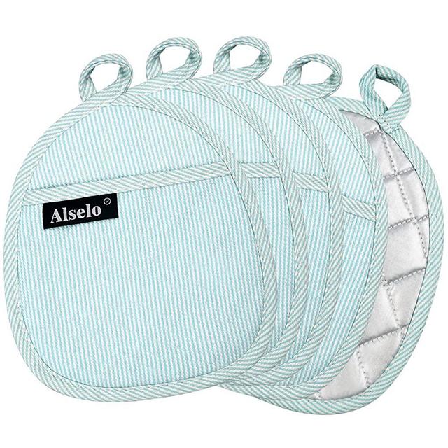 Alselo Pot Holder Set of 5 Heat Resistant Potholder, Professional Baking Food Safe Hot Pat Cotton with Silver-Plated for Kitchen Cooking Barbecue (Wathet Blue, 5)