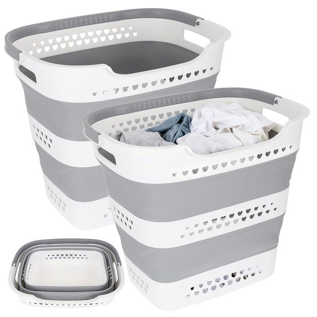 2 Pcs Collapsible Laundry Baskets for Clothes, 43L Plastic Laundry Hamper for Dorm Bedroom, Space Saving Pop-Up Laundry Hamper Container, Durable Foldable Laundry Basket with Handles (Grey-White)