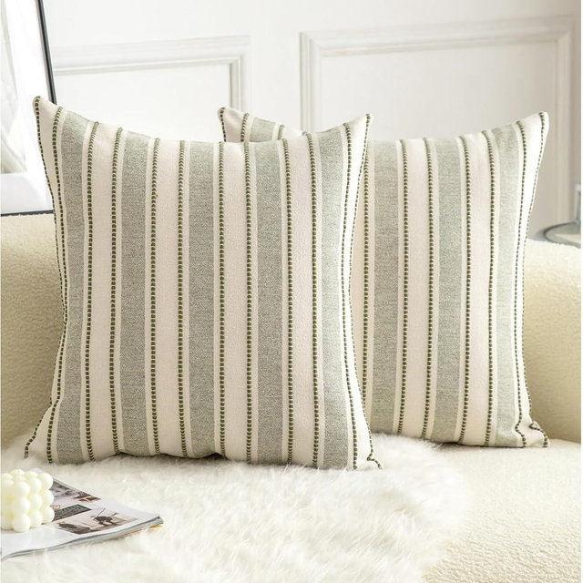 Cethom Decorative Boho Throw Pillow Covers, Farmhouse Textured Pillow Case, 22 x 22 Inch Set of 2, Chair Sofa Bedroom Living Room Home Decor Couch Cushion Case, Olive Green and Beige Striped