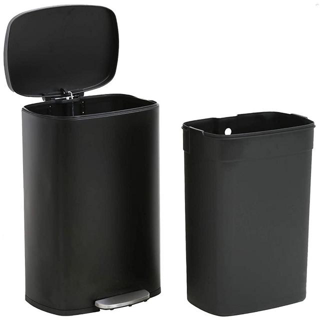 Kitchen Trash Can with Lid for Office Bedroom Bathroom Step Trash Bin Fingerprint-Proof Garbage Bin Brushed Stainless Steel 13 Gallon / 50 Liter (Black)