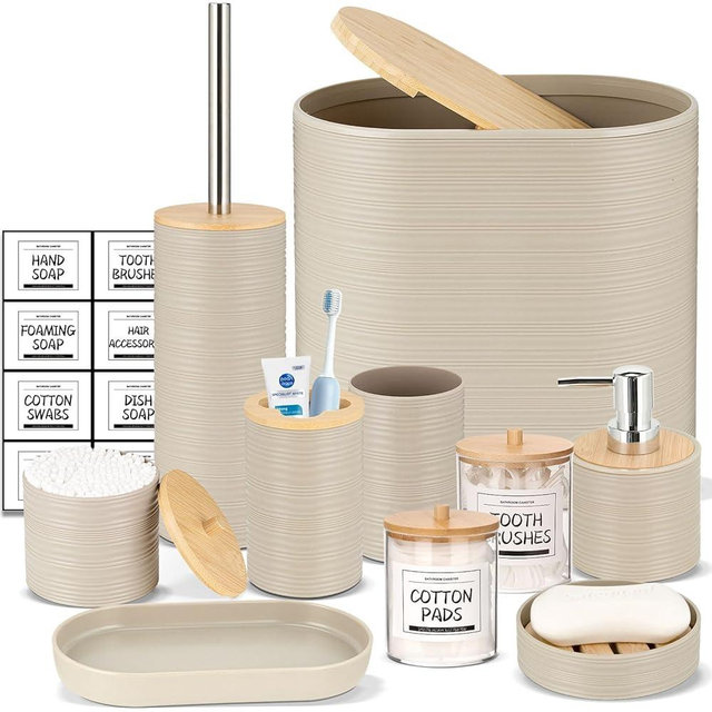 IMAVO Bathroom Accessory Set-11Pcs Apricot Bathroom Accessories Set with Trash Can,Soap Dispenser,Soap Dish,Toothbrush Holder,Toothbrush Cup,Toilet Brush Holder,Qtip Holder Dispenser with Labels