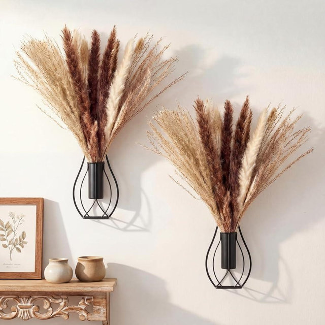 Otoolling Boho Wall Decor Set of 2 – Metal Hanging Wall Art with Faux Pampas,Minimalist Bohemian Accent for Living Room, Bedroom, Entryway(Black)