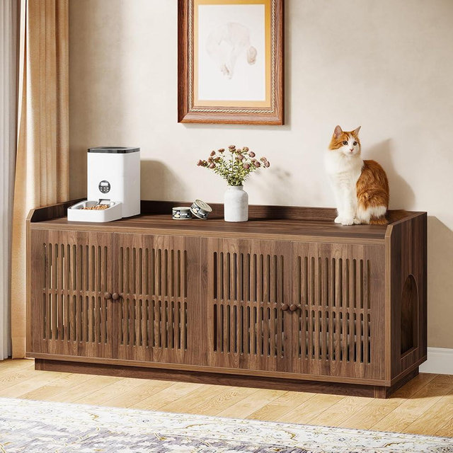 Tribesigns Cat Litter Box Enclosure, 55.1-Inch Extra Large Hidden Litter Box Furniture with 2 Cabinets and Side Entrance, Wooden Cat Washroom Furniture with Storage for Living Room, Rustic Brown