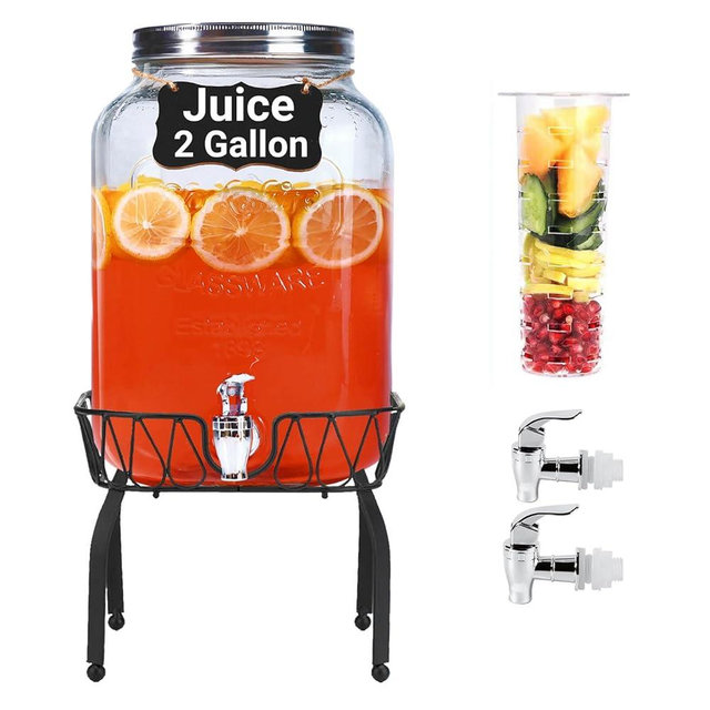 2 Gallon Glass Drink Dispensers for Parties, Sun Tea Glass Jar for Outside Beverage Dispenser with Stand+Lid 2 Press-Spigots(Easy for kids) Fruit Infuser, Beverage Dispensers-Mason Jar Drink Dispenser