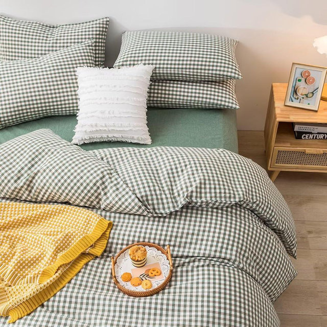 mixinni Green Gingham Comforter Set Twin XL, Plaid Comforter Set 3 Pieces 1 Green Grid Comfoter with 2 Pillow Cases for All Seasons, Soft Fluffy Modern Grid Pattern Printed Bedding-Twin XL Size