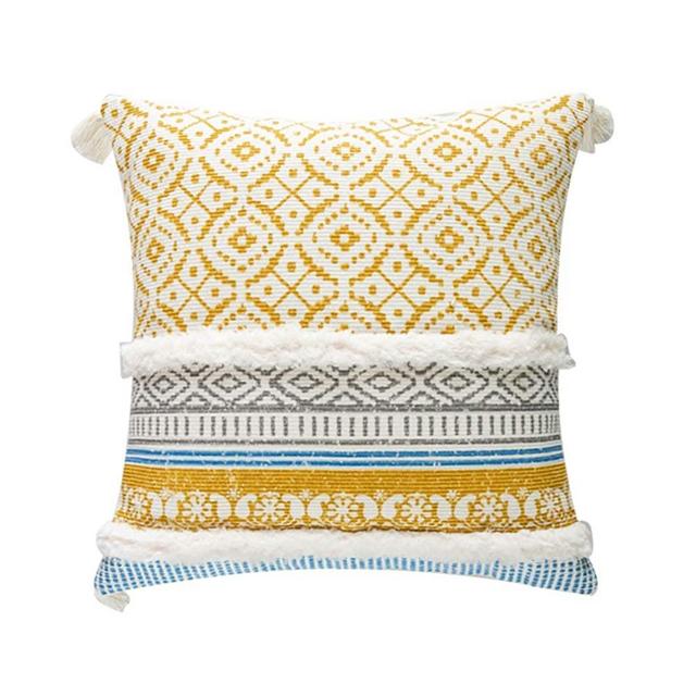 blue page Boho Tufted Decorative Throw Pillow Covers for Couch Sofa - Modern Moroccan Style Pillow Cases with Tassels, Accent Decor Pillow for Bedroom Car Hotel, 18x18 Inches, Yellow