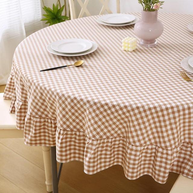 K MASANIJI 100% Cotton Taupe Plaid Ruffled Table Cloth Round Cover, Dia.70 in Farmhouse Checker Gingham Vintage Decorative Tablecloth (Taupe/White Plaid, Dia.70 inches)