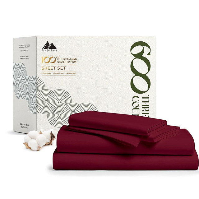 Mayfair Linen Luxury Egyptian Cotton Sheets King Size - 600 Thread Count Sheets King 4 PC Luxury Sheets King Size, 16" Deep Pocket, Soft, Cooling Sateen Weave Hotel Luxury Bed Sheets Set - Burgundy