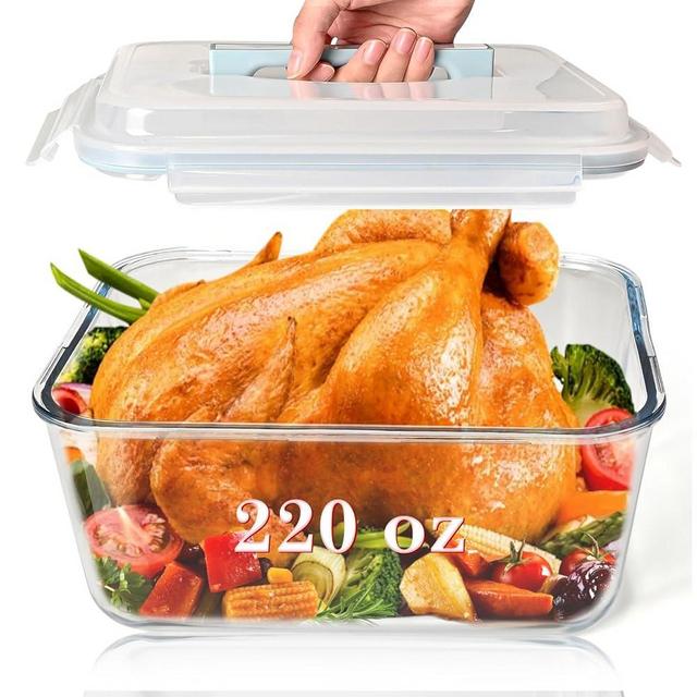 Extra Large Glass Storage Containers with Lids Airtight, 220 oz/28 cup, Big Glass Turkey Containers, XL Glass Food Storage Container, Large Glass Tupperware Sets, Rotisserie Chicken Potluck Containers