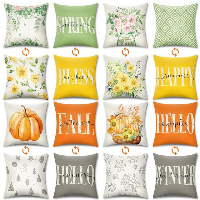 8 Pcs 16 Styles Fall Thanksgiving Pillow Covers 18 x 18 Inch Winter Seasonal Pillow Covers Pumpkin Sunflower Snowflake Pillow Cover Double Sided Summer Spring Throw Pillow Covers for Home Party