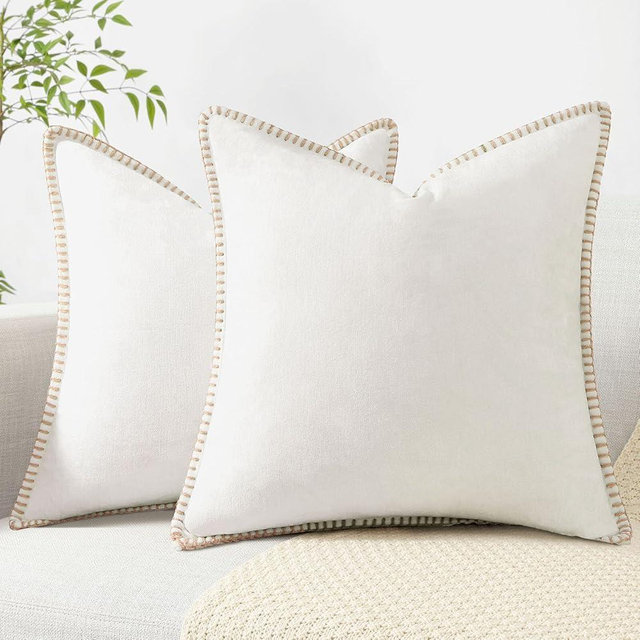 decorUhome Chenille Soft Spring Throw Pillow Covers 26x26 Set of 2, Farmhouse Velvet Decorative Pillow Covers with Stitched Edge for Couch Sofa Bed, Cream White