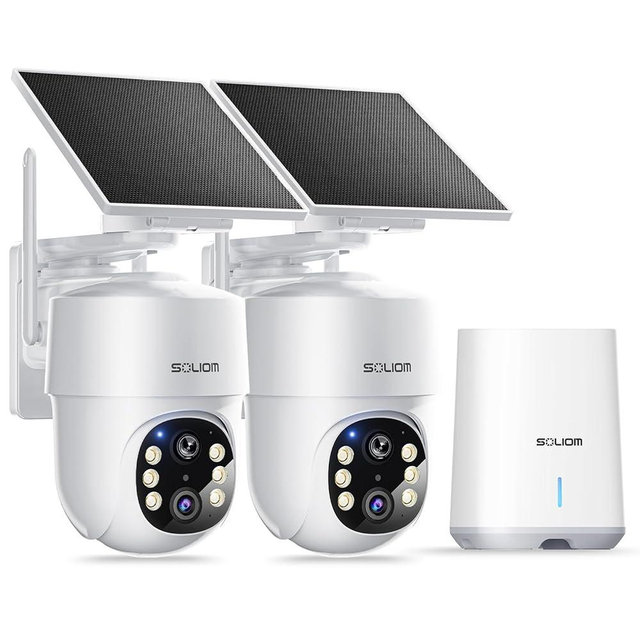 SOLIOM- 5MP Security Cameras Wireless Outdoor, No Subscription,2-Cam Pack, Solar Powered Home Security Camera with 360° Auto Tracking, Pan & Tilt, 3K Color Night Vision,5G & 2.4G Router Compatible