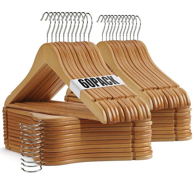 Uinicor Wood Hangers 60 Pack Wooden Hangers Set,Heavy Duty Clothes Hangers,Precisely Cut Notches Coat Hangers,with Swivel Metal Hook,Clothes Hangers for Coats, Jackets, Pants & Dress（Natural）