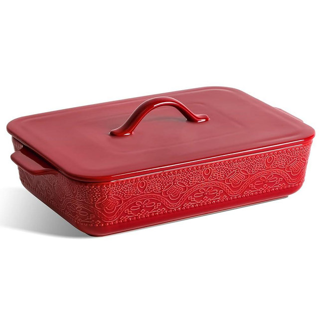 Casserole Dish with Lid, Ceramic 9x13 Casserole Dish for Oven, Rectangular Bakeware, Large Baking Dish with Handles for Holiday Cooking, Roasting, Baking, Oven & Microwave Safe (Red)