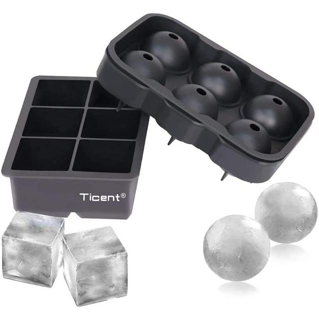 Ticent Ice Cube Trays (Set of 2), Silicone Sphere Whiskey Ice Ball Maker with Lids Large Square Ice Cube Molds for Cocktails Bourbon - Reusable BPA Free