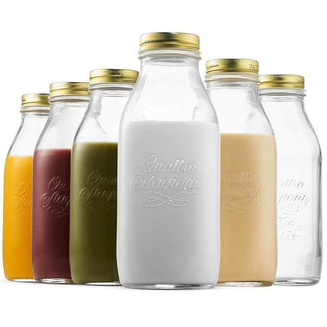 Bormioli Rocco Quattro Stagioni Glass Milk Bottle 33.75 Ounce, 6 Pack, Clear