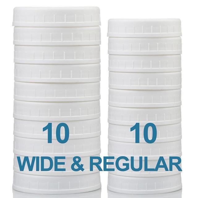 AOZITA 10 WIDE Mouth & 10 REGULAR Mouth Mason Jar Lids - 20 Pack Food Grade Plastic Mason Jar Caps for Ball, Kerr and More Canning Jars - Leakproof & Dishwasher Safe - White