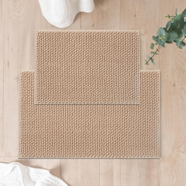 FRESHMINT Chenille Bathroom Rugs Sets 2 Piece 17"x24"+20"x32", Non-Slip Bath Mats Set for Bathroom, Absorbent Bath Rug, Washable Set of 2 Shower Floor Mat Bathroom, Beige