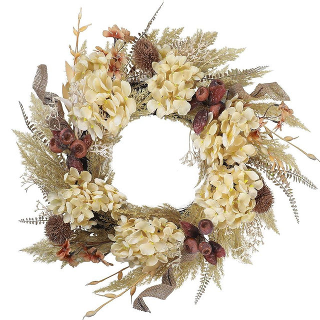BINFEN 20 Inch Winter Fall Wreaths for Front Door, Boho Front Door Wreath, Fake Dried Hydrangea Flowers, Burlap, Pampas Fall Decorations for Home Farmhouse Front Porch