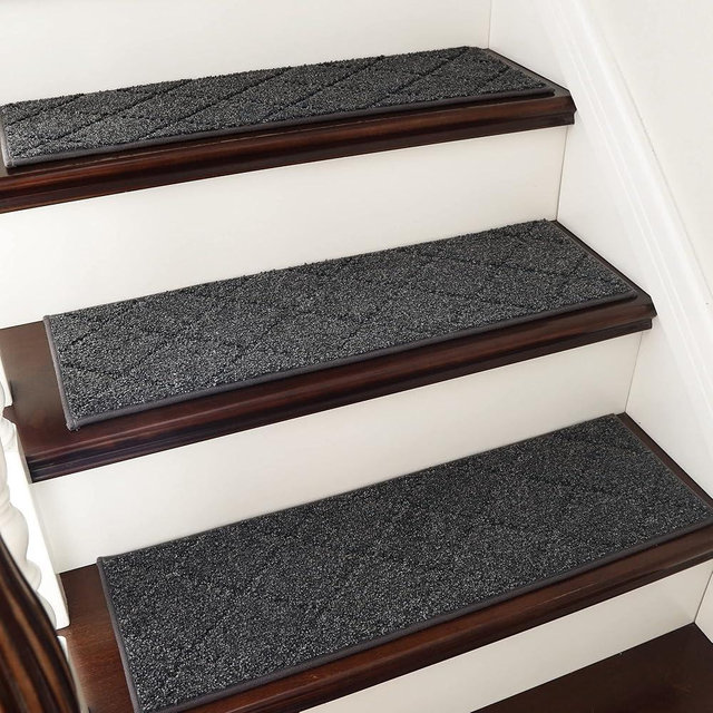 COSY HOMEER Edging Stair Treads Non-Slip Carpet Mat 28inX9in Indoor Stair Runners for Wooden Steps, Edging Stair Rugs for Kids and Dogs, 100% Polyester TPE Backing (15pc, Black)