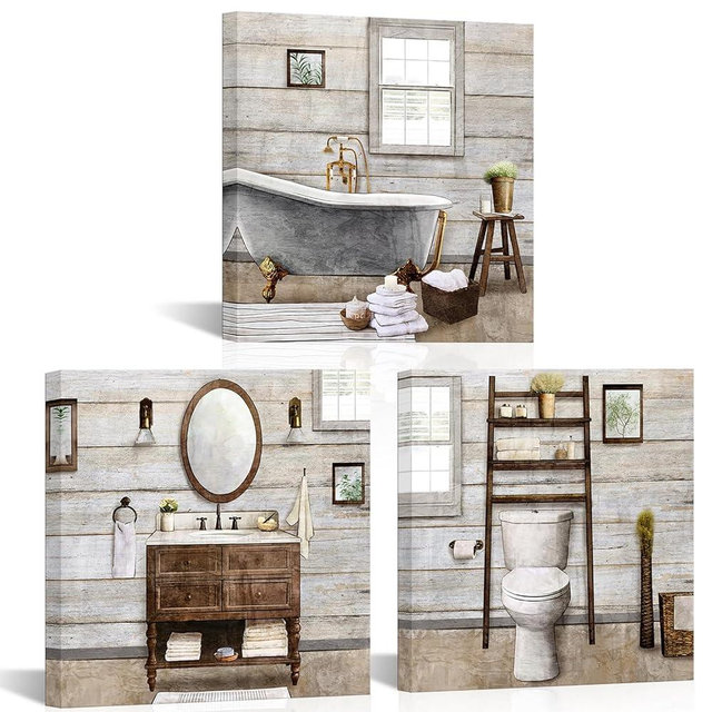 Visual Art Decor Bathroom wall Art Farmhouse Bathroom Decor Painting, Framed Canvas Wall Art 12x12inchx3Pieces (Brown)