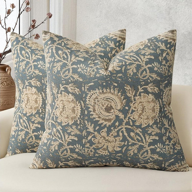 DKwizme Vintage Floral Print Throw Pillow Covers 18x18 Set of 2 Neutral Modern Farmhouse Pillowcase Accent Decorative Cushion Covers Boho Home Decor for Couch Sofa Chair Bed Living Room, Dusty Blue