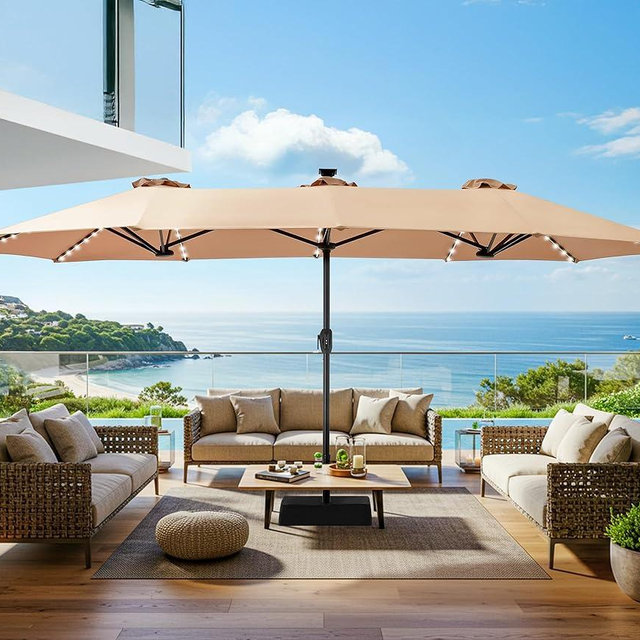 SUPERJARE 15ft Large Patio Umbrella with Base included, Double Sided Outdoor Umbrella with Solar Lights, Pool Umbrella with Fade Resistant Canopy for Deck, Porch, Yard, Balcony, Beige