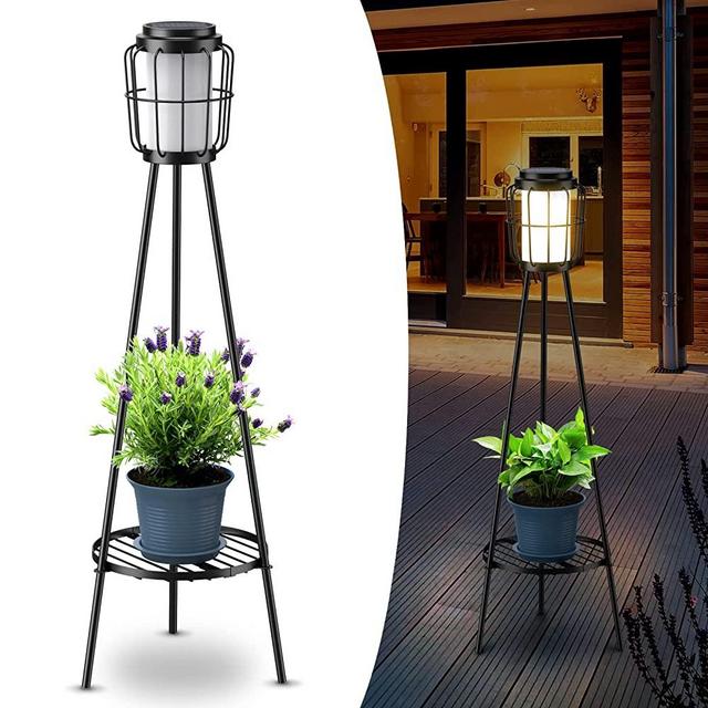 Solar Outdoor Floor Lamp Waterproof (2pcs), Metal Solar Lights Outdoor with Plant Stand, Outdoor Lamp for Deck Patio Yard Garden Decor