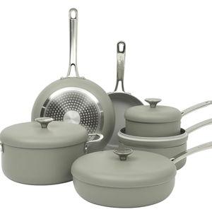 Sur La Table Kitchen Essentials Potluck Porch 10 Piece PFA Free Ceramic Non stick Interior Forged Aluminum Cookware Pots and Pans Set W/Aluminum Lids - Green - Induction Compatible