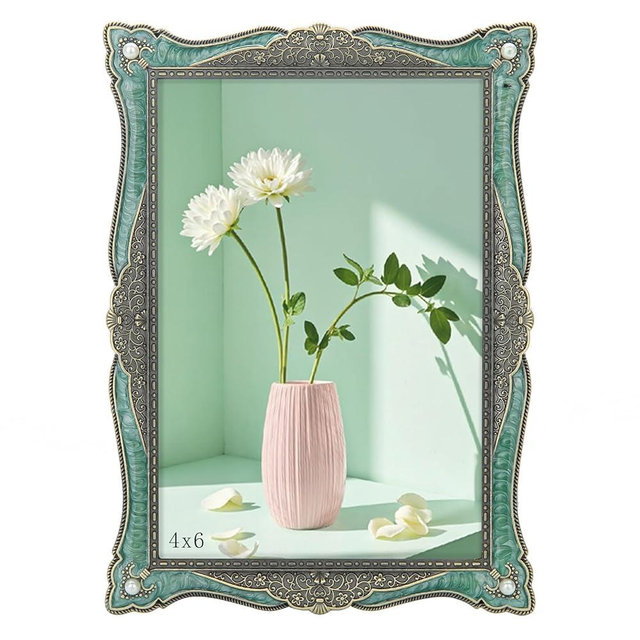 Goutangen 4x6 Vintage Picture Frame Green Metal Emerald Antique Brass Pearl Photo Frame Retro Home Decor, Clear Glass Front, Unique Gifts for Women Wedding Mothers Day, Horizontally & Vertically