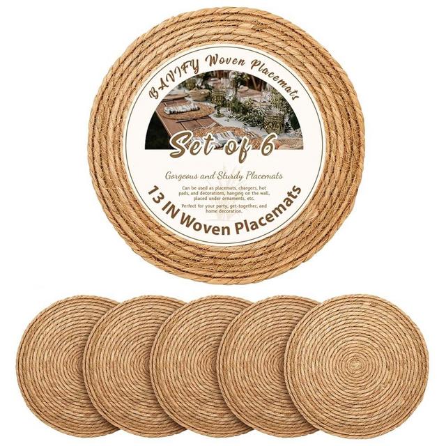 13 in Round Woven Plate Chargers Set of 6, Boho Farmhouse Rustic Woven Placemats for Dining Table Decor, Rattan Wicker Table Mats Chargers for Dinner Plates Jute Braided Place Mats