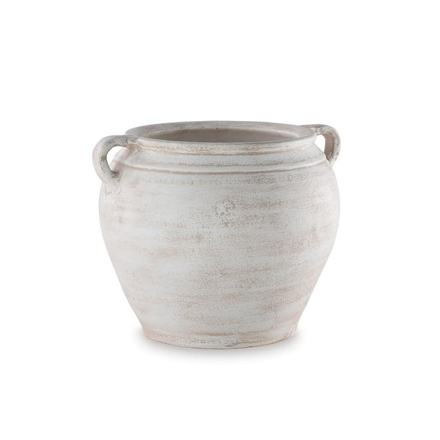 Signature Design by Ashley Meadie Casual Indoor Distressed Terra Cotta Vase with Wide Mouth and Handle, White