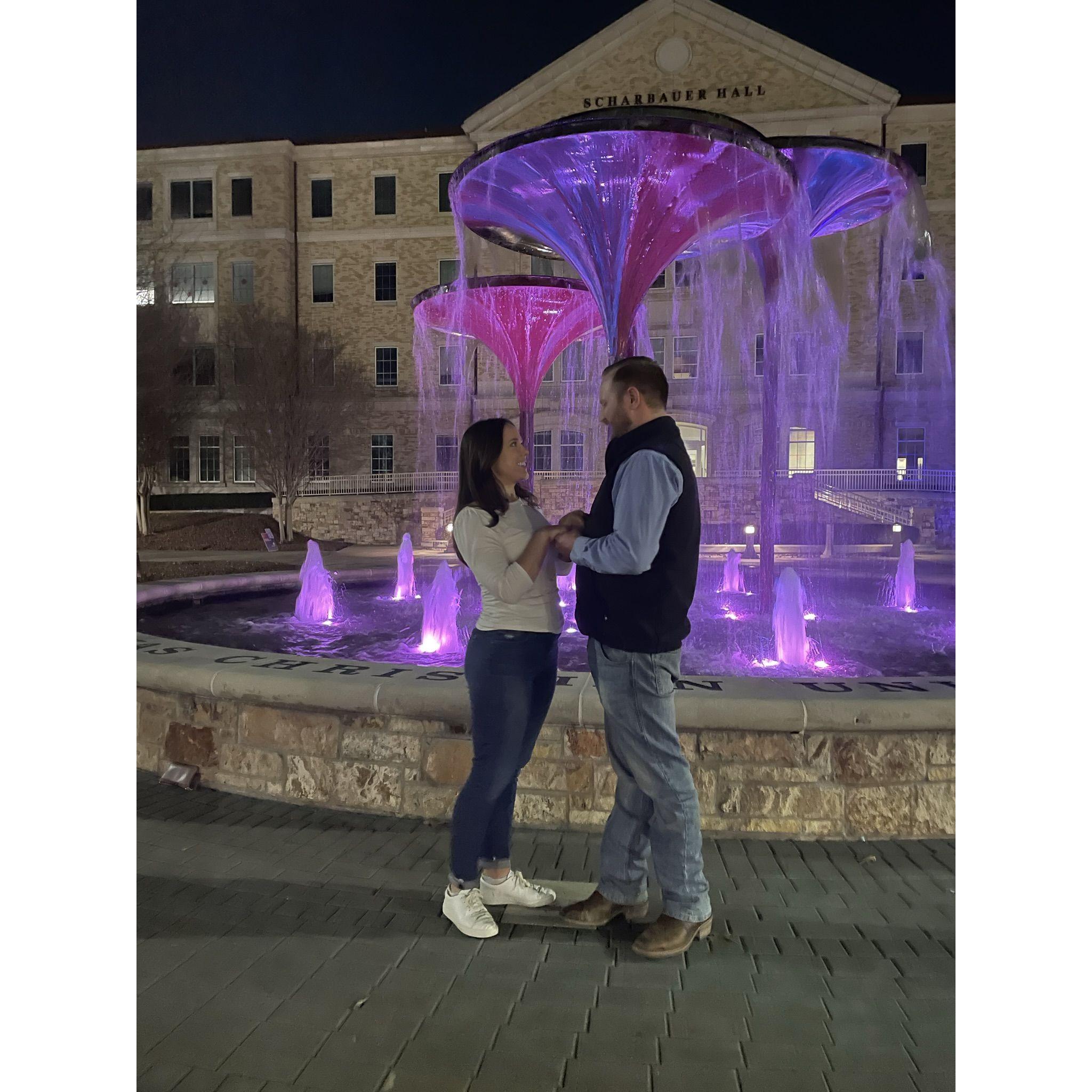 Proposed in front of the TCU Frog fountain 💕