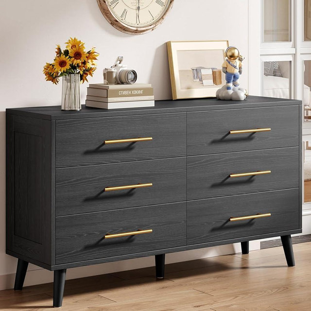 Aiho 6 Drawer Dresser for Bedroom, Chest of Drawers with Metal Handles, Wood Storage Dresser Modern Dresser for Nursery, Living Room, Entryway, Black Dresser