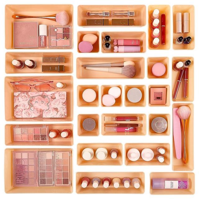 Vtopmart 25 PCS Plastic Drawer Organizers Set, 4-Size Versatile Bathroom and Vanity Drawer Organizer Trays, Storage Bins for Makeup, Bedroom, Kitchen Gadgets Utensils and Office