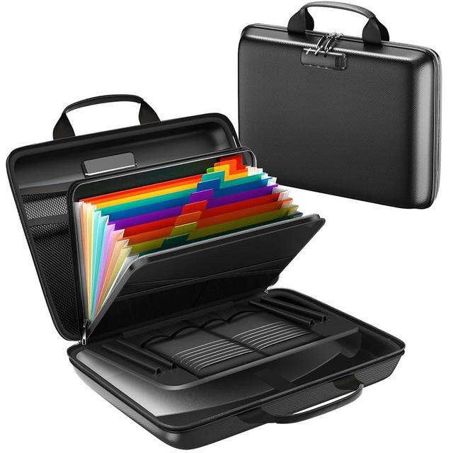 HIBWN Fireproof Document Box, Hard Case Fireproof File Organizer with Lock and 13 Pocket Accordion File Folder, Portable Safe Box for Home Office Travel to Storage Important Documents Laptop Black