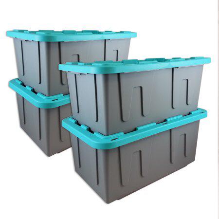 Durabilt 27 Gal. Plastic Storage Tote, Gray/Teal (Set of 4)