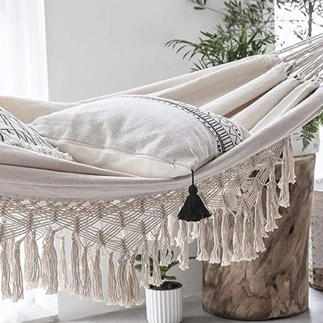 Terracotta Door Boho Hammock for 2 Adults, Brazilian Style Hammock Rope for Indoor, Outdoor, Patio, Porch, Bedroom, Beach and More- White Canvas Rope Hammock, Macrame Hammock, Cotton Hammock
