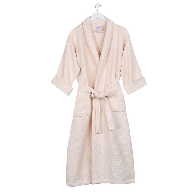 Waffle Weave Cotton Soft Plush Adult Unisex Lightweight Bathrobe, Large, Cream - Blue Nile Mills