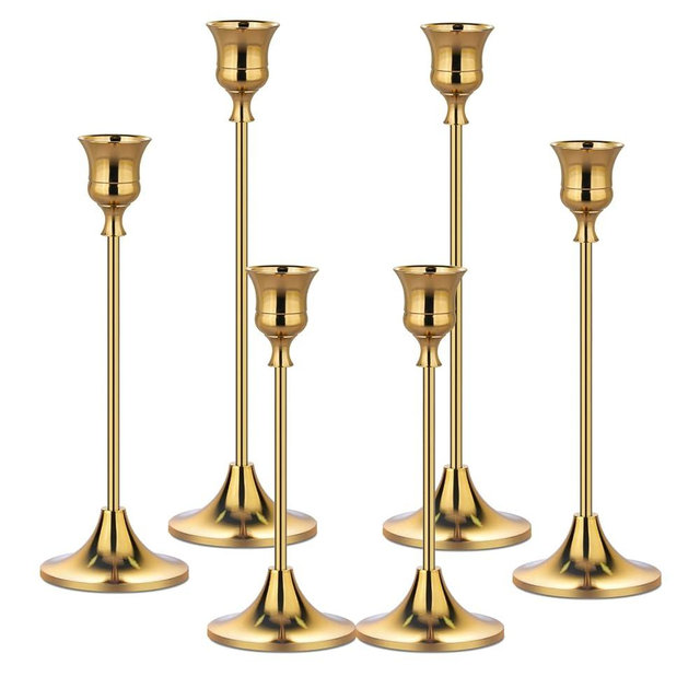 Metal Candle Holders for Candlesticks Taper Candlestick Holders Set Vintage Decorative Centerpiece Candelabra Tall Candle Stands for Halloween Thanksgiving Christmas (Gold, 2 Sets (6 pcs))