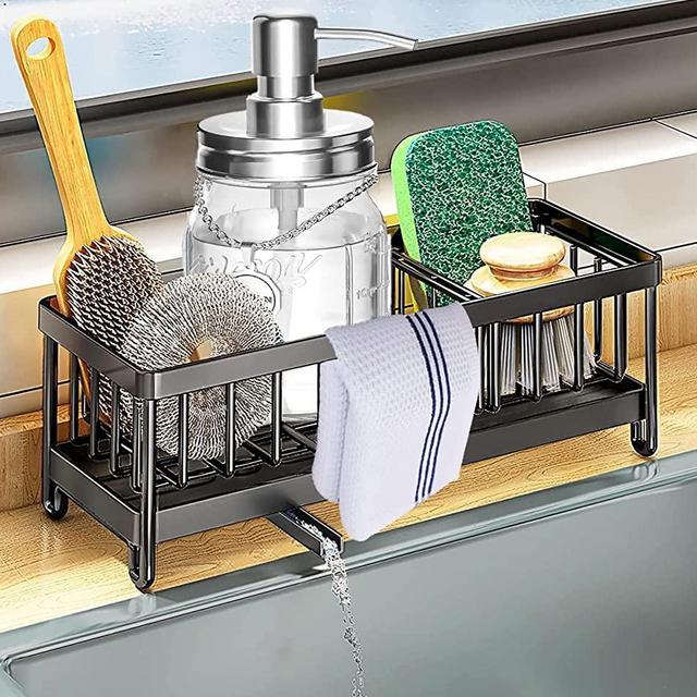 DMJWAN Kitchen Sink Caddy Sponge Holder Sink Caddy Organizer, 304 Stainless Steel Holder for Sink,Countertop with Removable Drain Tray with Diversion Drainage.