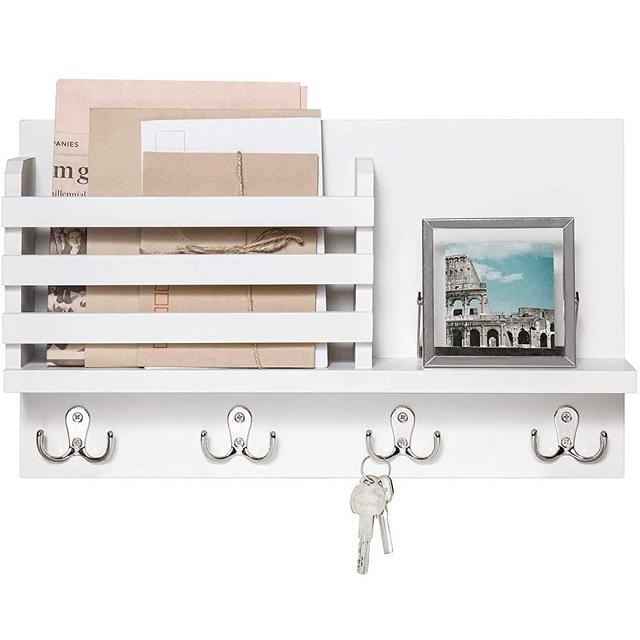 Dahey Wall Mounted Mail Holder Wooden Mail Sorter Organizer with 4 Double Key Hooks and A Floating Shelf Rustic Home Decor for Entryway or Mudroom,White