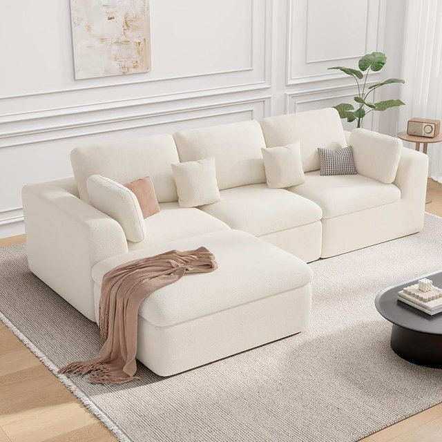 Luxanimarion 115" Cloud Boneless Sectional Couch, Deep Seat L Shaped Modular Couch with Ottoman, Oversized Upholstered Convertible 4 Seater Modular Sofa for Living Room,Black Chenille