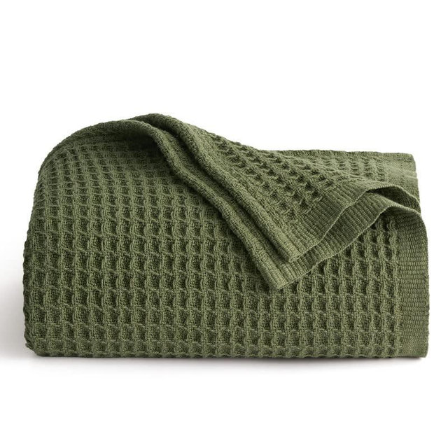 BEDSURE 100% Cotton Blankets King Size for Bed - 405GSM Waffle Weave Blankets for All Seasons, Cozy and Warm, Olive Green Soft Lightweight Woven Blankets, 104x90 inches