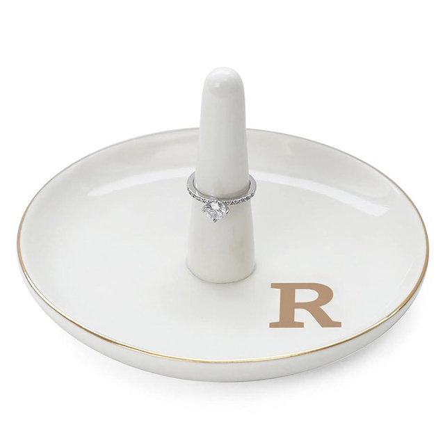 HOME SMILE Initials Ring Holder Jewery Tray with personalized R-Monogrammed Engagement Gifts for Friends,Birthday Mother's Day Christmas Gifts for Women,Ceramic White