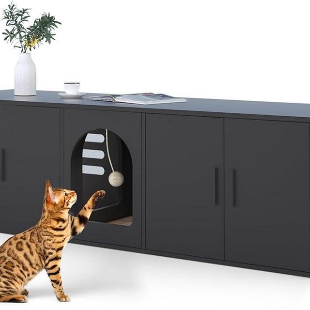 Amunrbrek Litter Box Enclosure for 2 Cats, Cat Litter Box Enclosure Furniture with Double Room, Wooden Litter Box Furniture with Cat Door (Black)