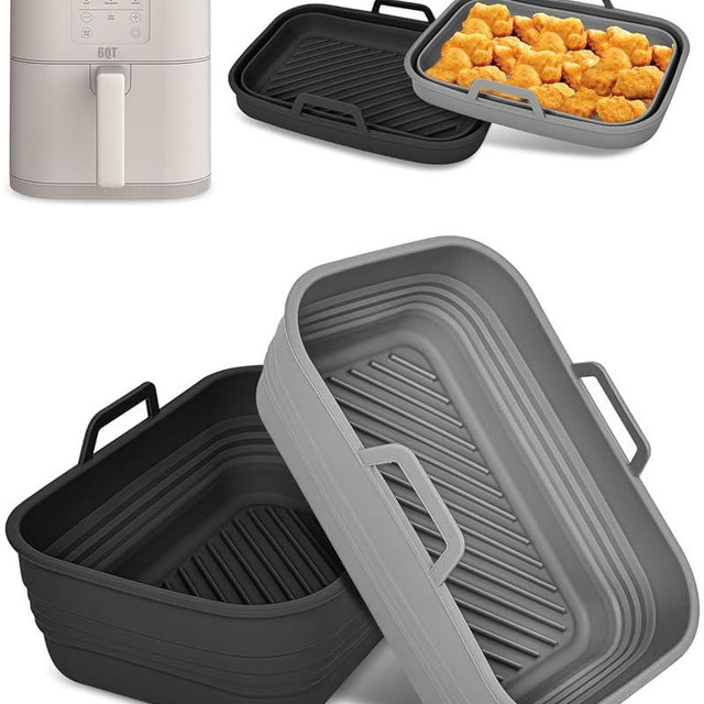 Collapsible Air Fryer Silicone Liners 2-Pack for Bella 6Qt Slim Air Fryer(5lb Capacity), Reusable Airfryer Silicone Pot Rectangle, Non-stick Baking Basket Insert for Air Frier Accessories,Gray+Black