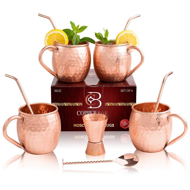 Moscow Mule Copper Mugs - Set of 4-100% HANDCRAFTED Pure Solid Copper Mugs - 16 Oz Gift Set with Highest Quality Cocktail Copper Straws, Jigger, Stirrer & 2 E-Books by Copper-Bar