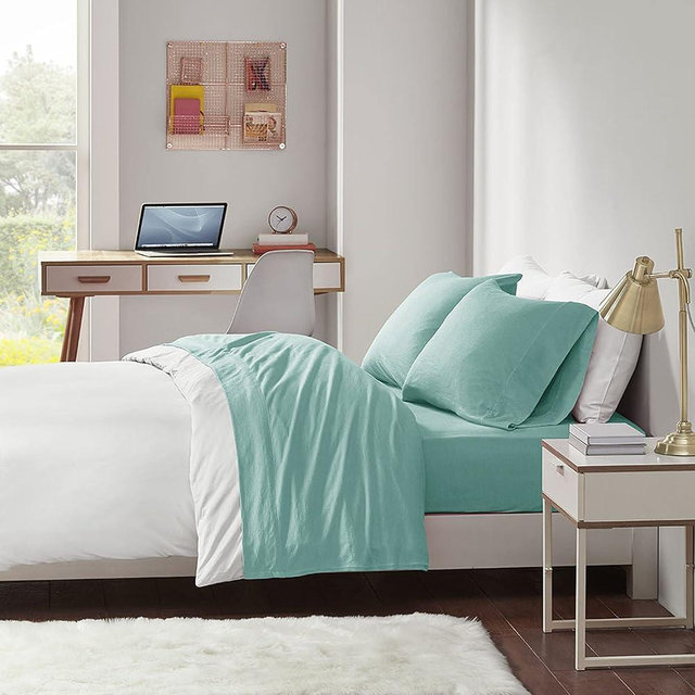 Intelligent Design Cotton Blend Jersey Knit Bed Sheet Set Wrinkle Resistant, Soft Sheets with 14" Deep Pocket, All Season, Cozy Bedding-Set, Matching Pillow Case, Queen, Aqua 4 Piece