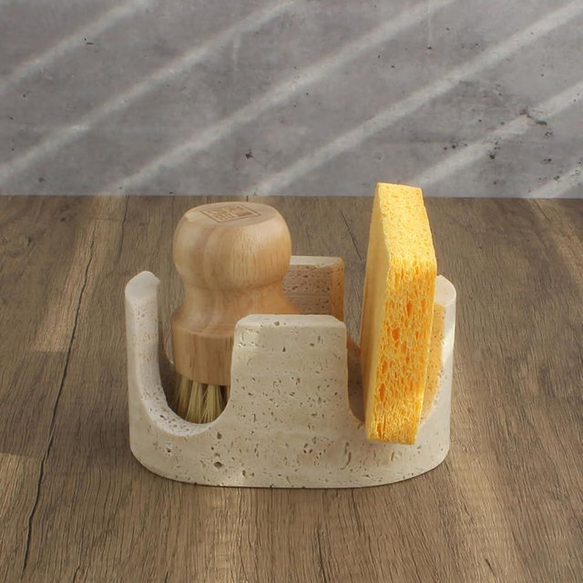 Nawgnail Natural Travertine 2-Slot Sponge Holder for Kitchen Counter, 2-in-1 Stone Drying Rack, Sponge Caddy for Sink Organizer - Beige Travertine